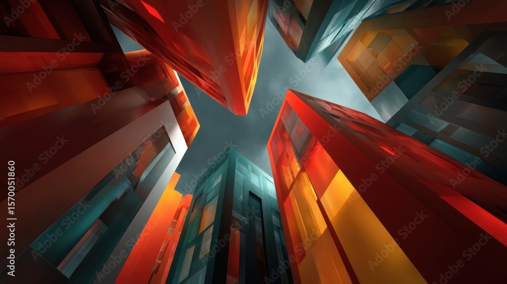Poster a cityscape with tall buildings in different colors. the buildings are arranged in a way that they l