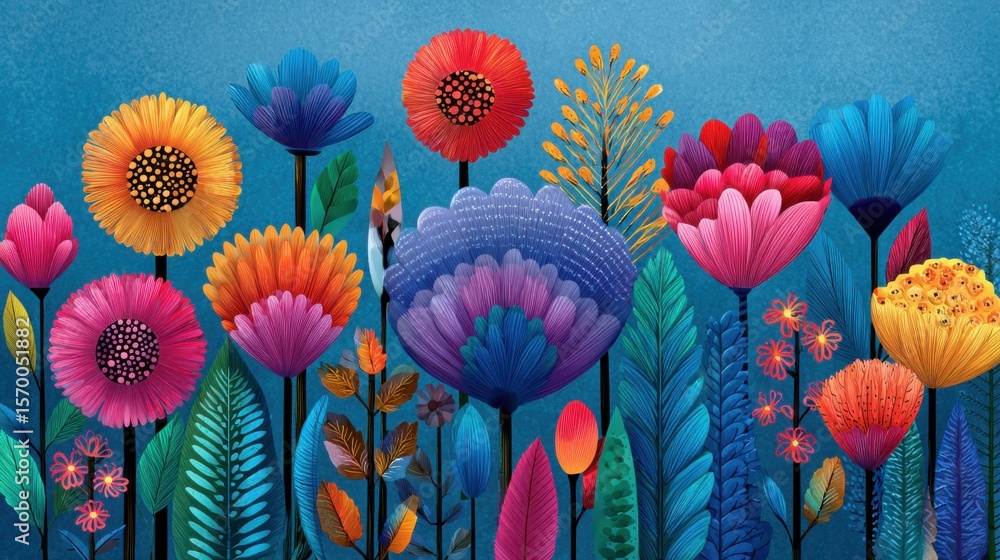 Poster a colorful painting of a field of flowers with a blue sky in the background. the flowers are of vari