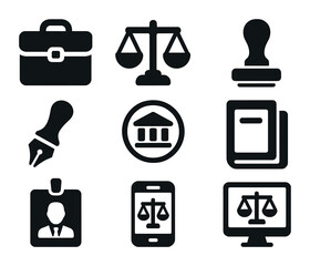 Legal Tools Icons. Solid, filled icons set of legal tools: briefcase, scales, ink stamp, fountain pen, court