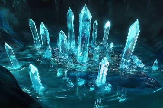 Glowing blue crystals emerge from dark water in a mystical cavern