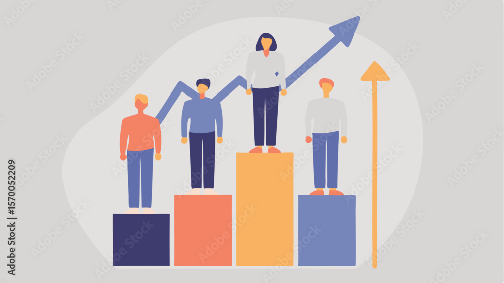 Poster people standing on bar chart with arrows pointing upwards representing growth and success in busines
