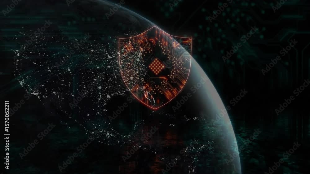 Poster on globe start, shield appearing, pulsing with globe rotating, emerging circuits and securing data