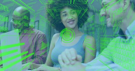 Woman typing laptop initiating green data overlay for business insights with senior man noting - Powered by Adobe