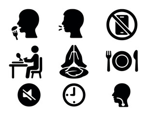 Mindful Eating Icons. Solid, filled icons set of mindful eating practices: slow bite, chewing icon, no phone