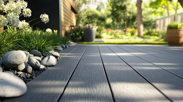 Modern Garden Terrace with Graphite Composite Decking, Outdoor Patio with Wooden Planks and Natural Greenery, Summer Relaxation Concept.