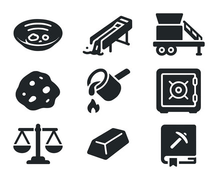 Gold Mining Icons. Solid, filled icons set of gold mining processes: gold pan, sluice box, wash plant, nugget