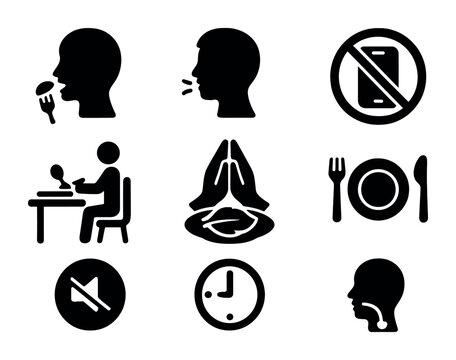 Mindful Eating Icons. Solid, filled icons set of mindful eating practices: slow bite, chewing icon, no phone