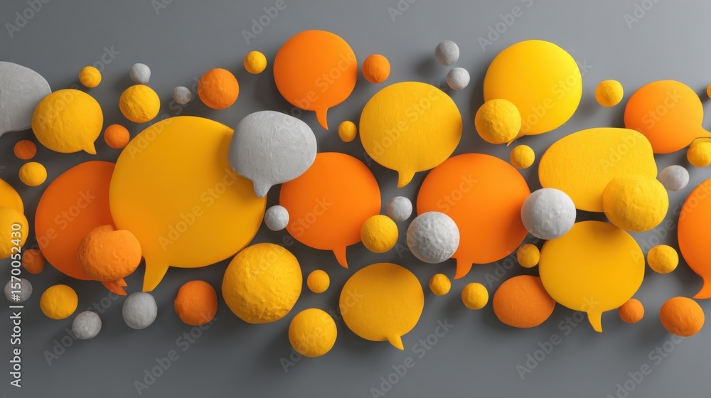 Poster a bunch of orange and gray speech bubbles are scattered across a gray background. the speech bubbles