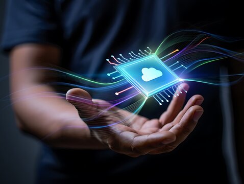 Futuristic glowing microchip with cloud icon held in open hand surrounded by colorful data streams and light effects
