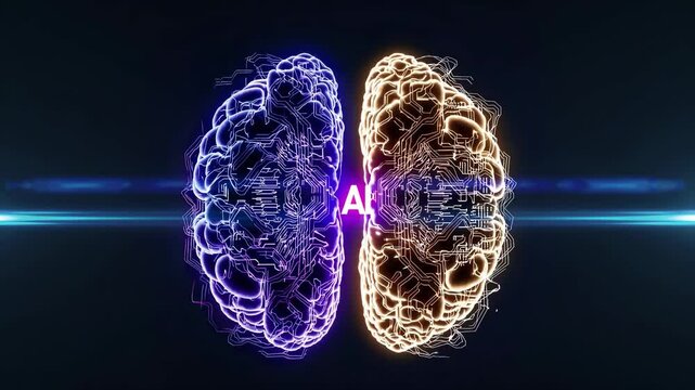 AI circuits shape digital cortex interface. Technology blends virtual data with system core. Neural map used in science future. Glowing patterns support research. Virtual system drives tech innovation - Powered by Adobe