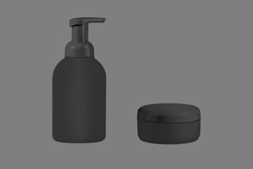 Elegant black cosmetic pump bottle and matching cream jar isolated on a neutral background. Minimalist packaging design perfect for skincare, lotion, serum branding presentations. 3d rendering