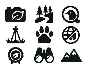 Nature Conservation Icons. Solid, filled icons set of nature and wildlife conservation photography: camera