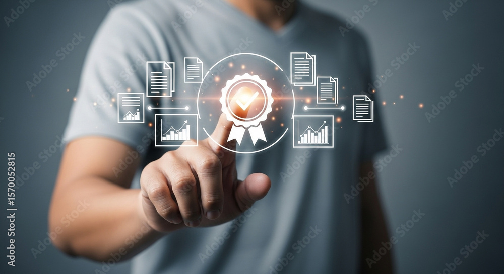Poster a person interacting with a digital interface displaying documents and a quality assurance seal