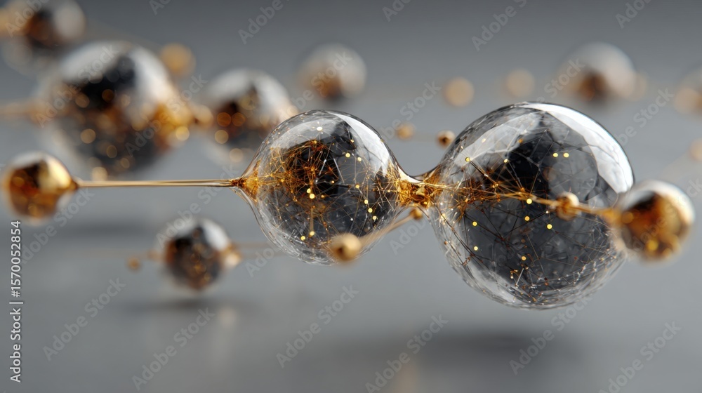 Poster a close up of a bunch of glass spheres with gold accents. the spheres are arranged in a way that the