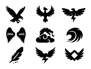 Obraz premium Sky Creatures Icons. Solid, filled icons set of creatures of the sky: soaring eagle, phoenix, thunderbird,