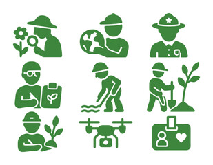 Green Workforce Icons. Solid, filled icons set of green workforce action: field ecologist, conservationist,