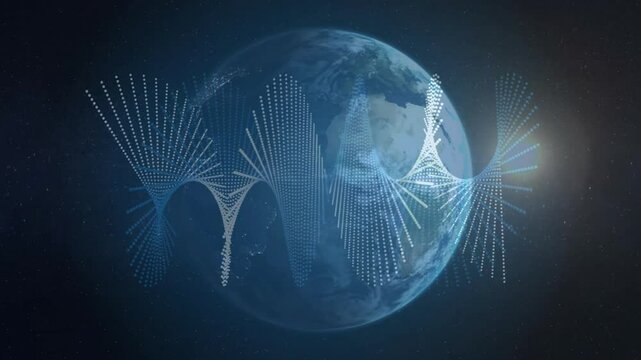 Rotating blue planet, particles drifting, dots assembling into waveform, scattering, showing data