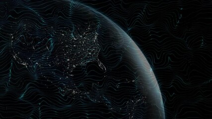 At start digital globe rotating eastward with neon lines pulsing across city lights showing network - Powered by Adobe