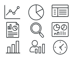 Virtual Event Analysis Icons. Outline icon set of virtual event analytics: graph chart, pie chart, data sheet,