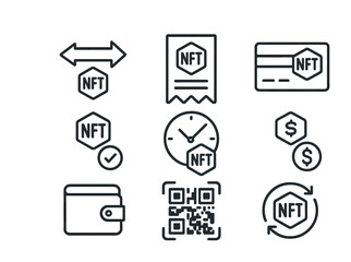 NFT Transaction Icons. Outline icon set of NFT transactions: transfer arrows, receipt, bank card, confirmation
