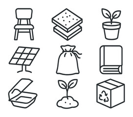 Eco-Friendly Icon Set. Outline icon set of environmentally safe design: wooden furniture, cork flooring, plant