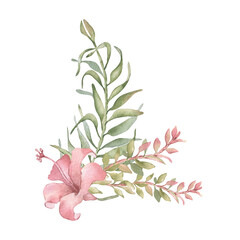 Tropical greenery arrangement with pink flower watercolor isolated on white. Areca palm fronds with callistemon branches in pastel tones hand drawn. Hibiscus and exotic leaves for spa resort design.