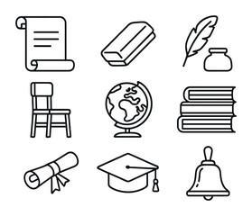 School History Icons. Outline icon set of schooling history: papyrus scroll, chalkboard eraser, feather pen,