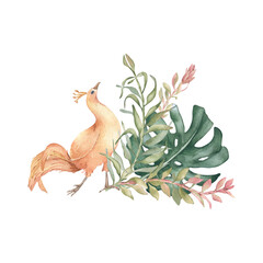 Orange bird pheasant, monstera leaf with palm fronds watercolor drawing in soft green isolated. Tropical foliage and exotic rooster hand painted for spa branding, packaging and nature illustration.