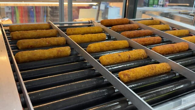 Gas station rolling hot dogs, rolling on the rollers