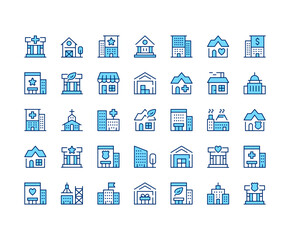 Buildings icons. Vector line icon set. Modern outline design. Blue concept