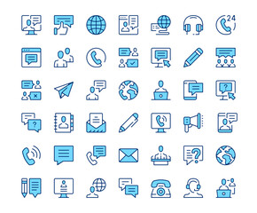 Communication icons. Vector line icon set. Modern outline design. Blue concept