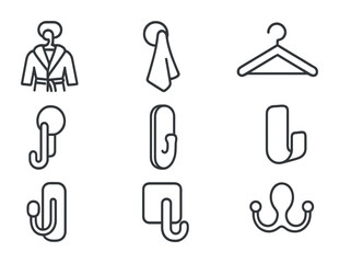 Bath Hooks Icons. Outline icon set of bath accessories hooks: bathrobe hook, towel hook, robe hanger, hook