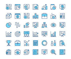 Financial analysis icons. Vector line icon set. Modern outline design. Blue concept