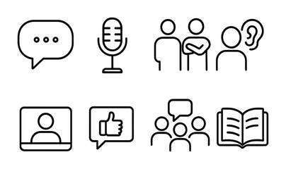 Communication Icons Set. Outline vector icons of communication skills: speech bubble, microphone, body