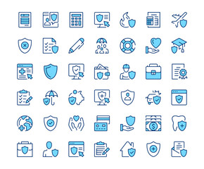 Insurance icons. Vector line icon set. Modern outline design. Blue concept