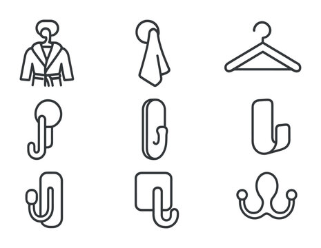 Bath Hooks Icons. Outline icon set of bath accessories hooks: bathrobe hook, towel hook, robe hanger, hook