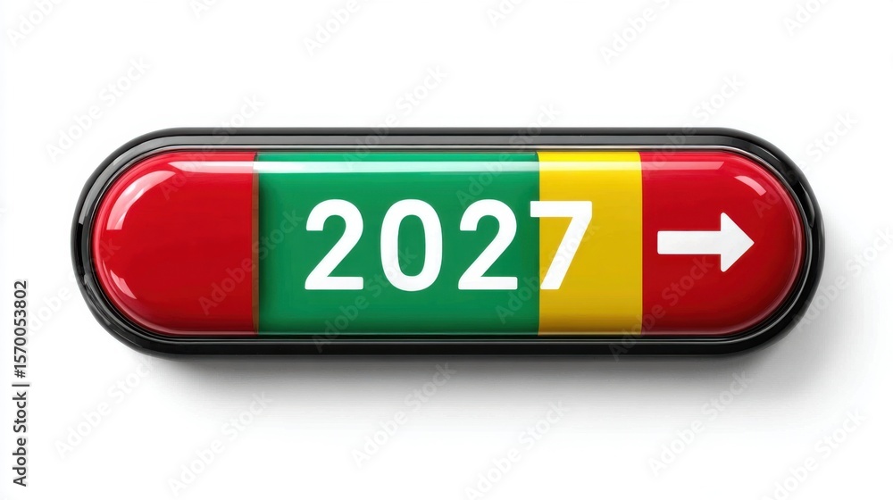 Poster a red, green, and yellow button with the number 2017 on it. the button is pointing to the right