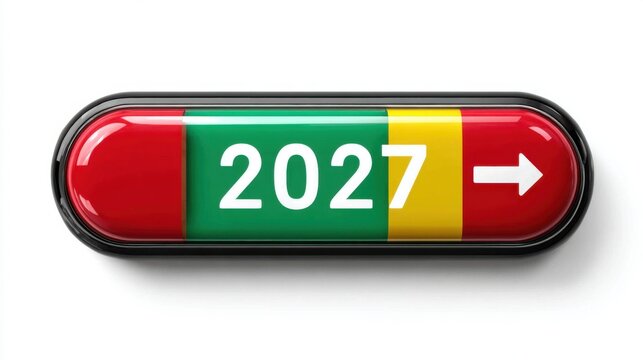 A red, green, and yellow button with the number 2017 on it. The button is pointing to the right