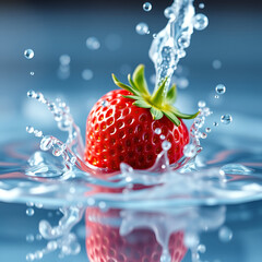 Macro high speed photography of strawberry splashing into crystal clear water. JPEG, 3.3MB, 12x12in, 3600x3600px, 300p/i