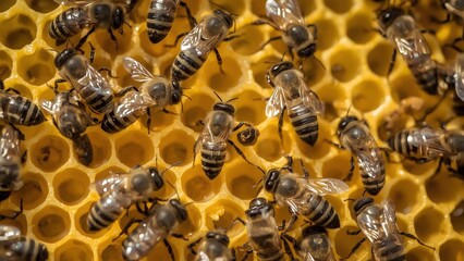 Close-up of Honey Bees on Natural Honeycomb in Beehive