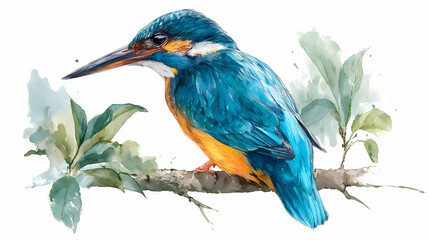 Obraz premium Vivid Blue Kingfisher – Whimsical Watercolor Bird on Branch