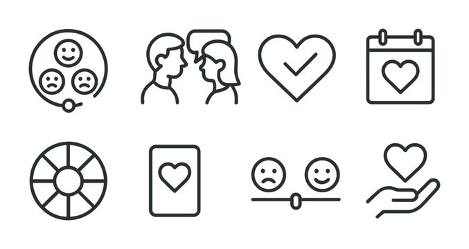 Romantic Mental Health Icons. Outline vector icons of romantic mental health check-ins: mood tracker, couple