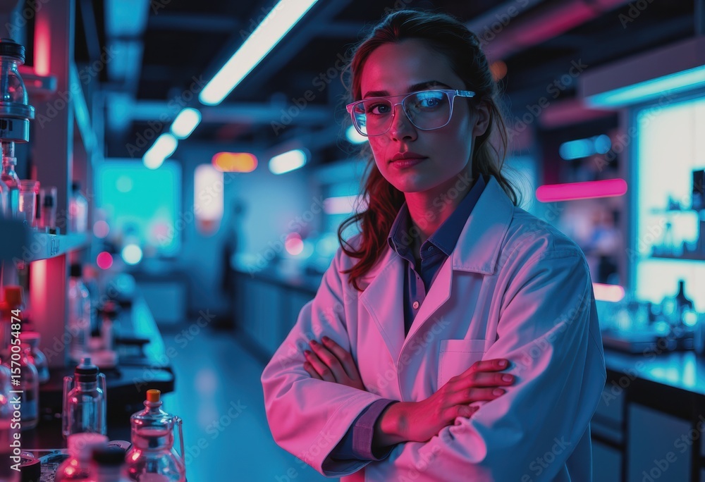 Poster scientist in a laboratory with a focused expression and crossed arms