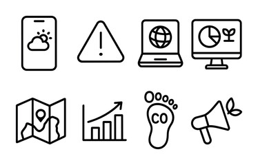 Climate Awareness Icons. Outline vector icons of public climate awareness tools: climate app, alert icon,