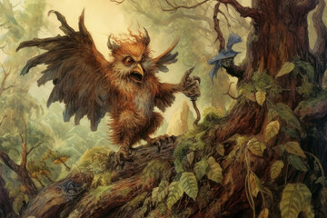 A fantasy watercolor illustration of an anthropomorphic wizard owl standing on a branch of an old tree in an enchanted forest. 