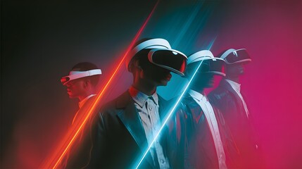 Virtual Reality people in neon light engaging with air while gaming. virtual reality game, wearing VR headset that offers a 360-degree experience, set against a dark background illuminated by vibran