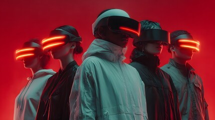 Virtual Reality people in neon light engaging with air while gaming. virtual reality game, wearing VR headset that offers a 360-degree experience, set against a dark background illuminated by vibran