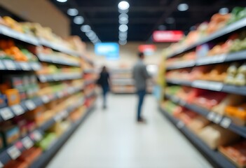 Shopping in a Supermarket with Blurred Aisles, Capturing the Bustle of a Modern Grocery Store and Consumer Activity.

