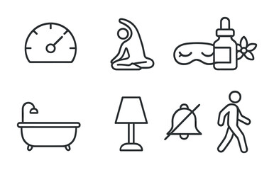 Stress Management Icons. Outline vector icons of stress management techniques: tension meter, stretching pose,