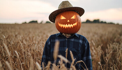 Scary scarecrow with pumpkin head in field. Shape of human.
